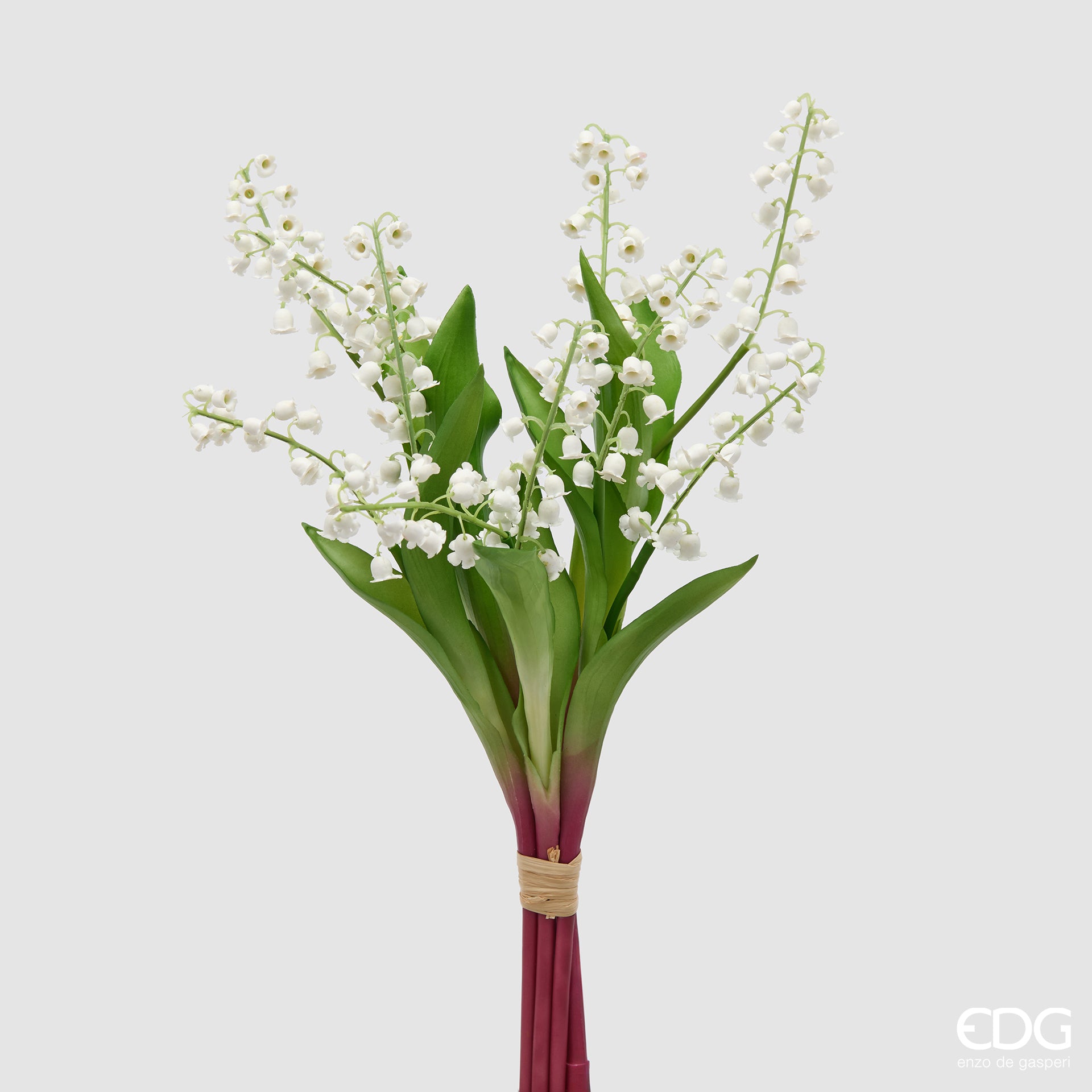 Mazzetto di mughetti artificiali EDG Enzo de Gasperi in silicone bianco con foglie verdi. Fiori realistici a campanula e steli legati, ideali per decorazioni floreali durevoli e home decor.