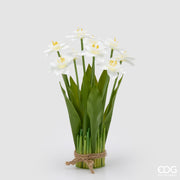 Mazzetto di narcisi artificiali EDG Enzo de Gasperi in silicone bianco con foglie verdi. Fiori realistici e steli legati, ideali per decorazioni floreali durevoli e home decor.