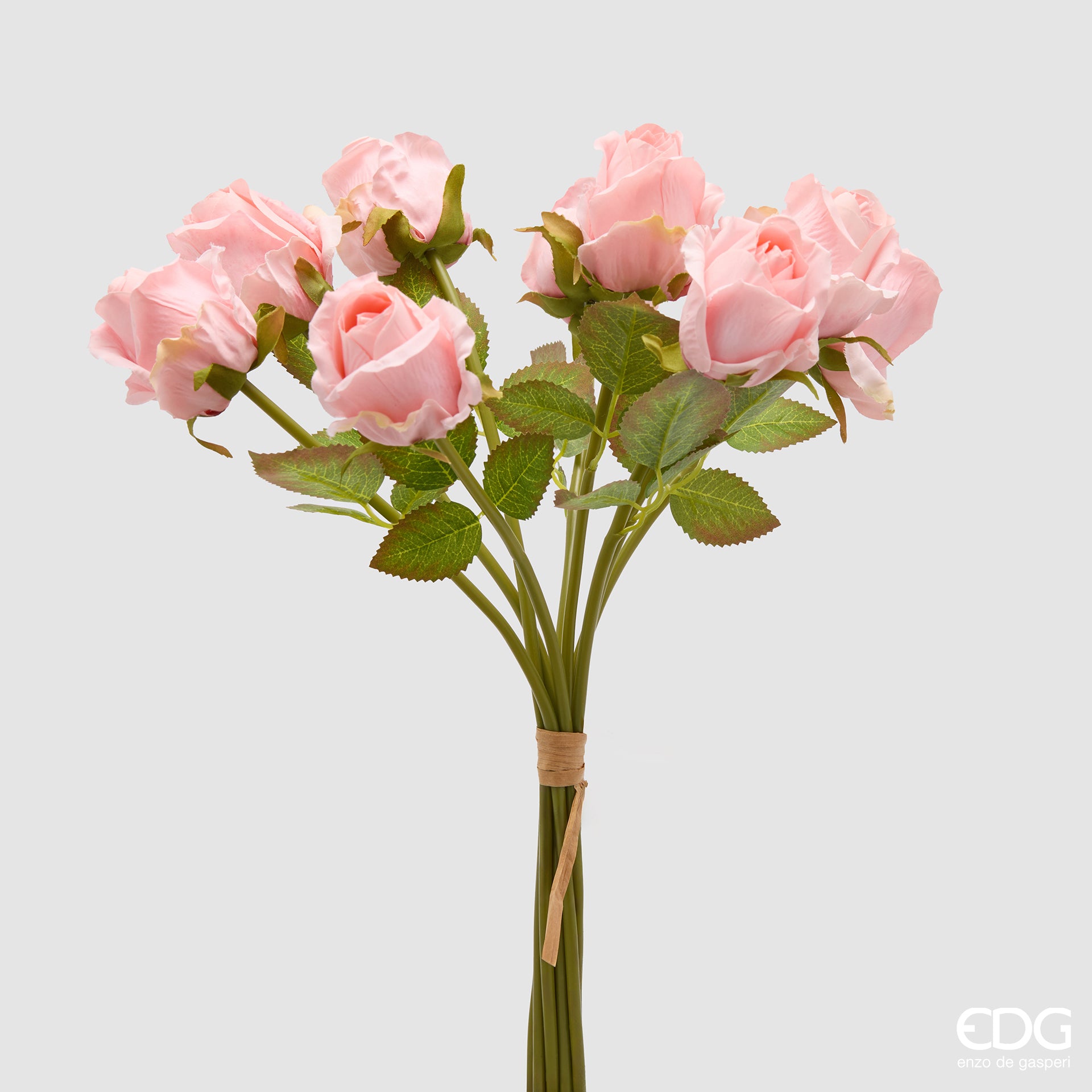 Mazzetto di rose rosa artificiali EDG Enzo de Gasperi in silicone rosa con foglie verdi. Fiori realistici e steli legati, ideali per decorazioni floreali durevoli e home decor.