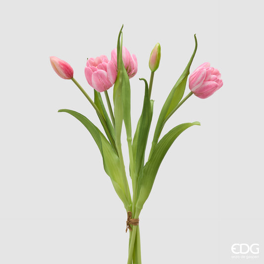 Mazzetto di tulipani rosa e boccioli artificiali EDG Enzo de Gasperi in silicone bianco con foglie verdi. Fiori realistici e steli legati, ideali per decorazioni floreali durevoli e home decor.