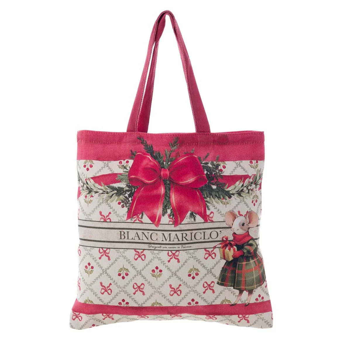 Mini shopper in cotone Blanc Mariclò in omaggio con 3 canovacci. Presenta la stampa di un grande albero di Natale centrale e due topini ai lati, con bordi decorati da fiocchi rossi e ghirlande.