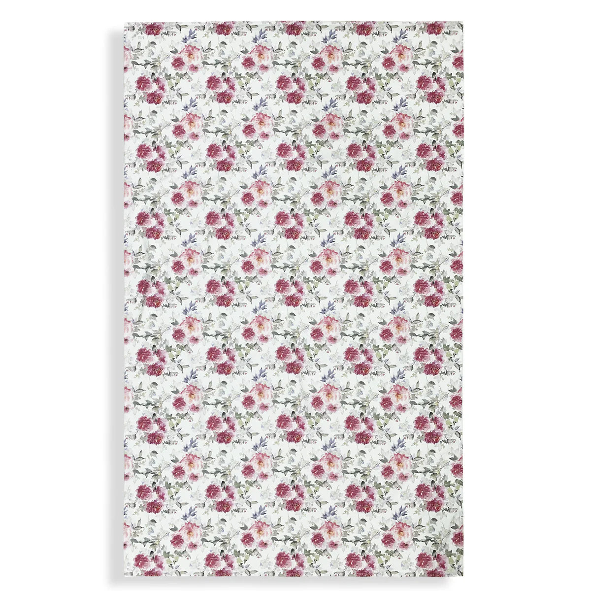 Vista dall'alto della tovaglia rettangolare Demetra completamente distesa. La superficie beige è interamente decorata da un motivo ripetuto di bouquet di peonie fucsia, rosa e boccioli sfumati.