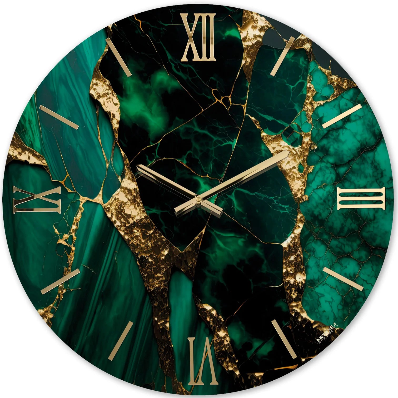 Orologio da parete circolare Artidea modello Borealis, diametro 40-60 cm. Design artistico effetto marmo verde smeraldo e malachite con profonde venature nere e inserti in foglia oro, completato da numeri romani e lancette dorate.