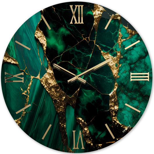 Orologio da parete circolare Artidea modello Borealis, diametro 40-60 cm. Design artistico effetto marmo verde smeraldo e malachite con profonde venature nere e inserti in foglia oro, completato da numeri romani e lancette dorate.