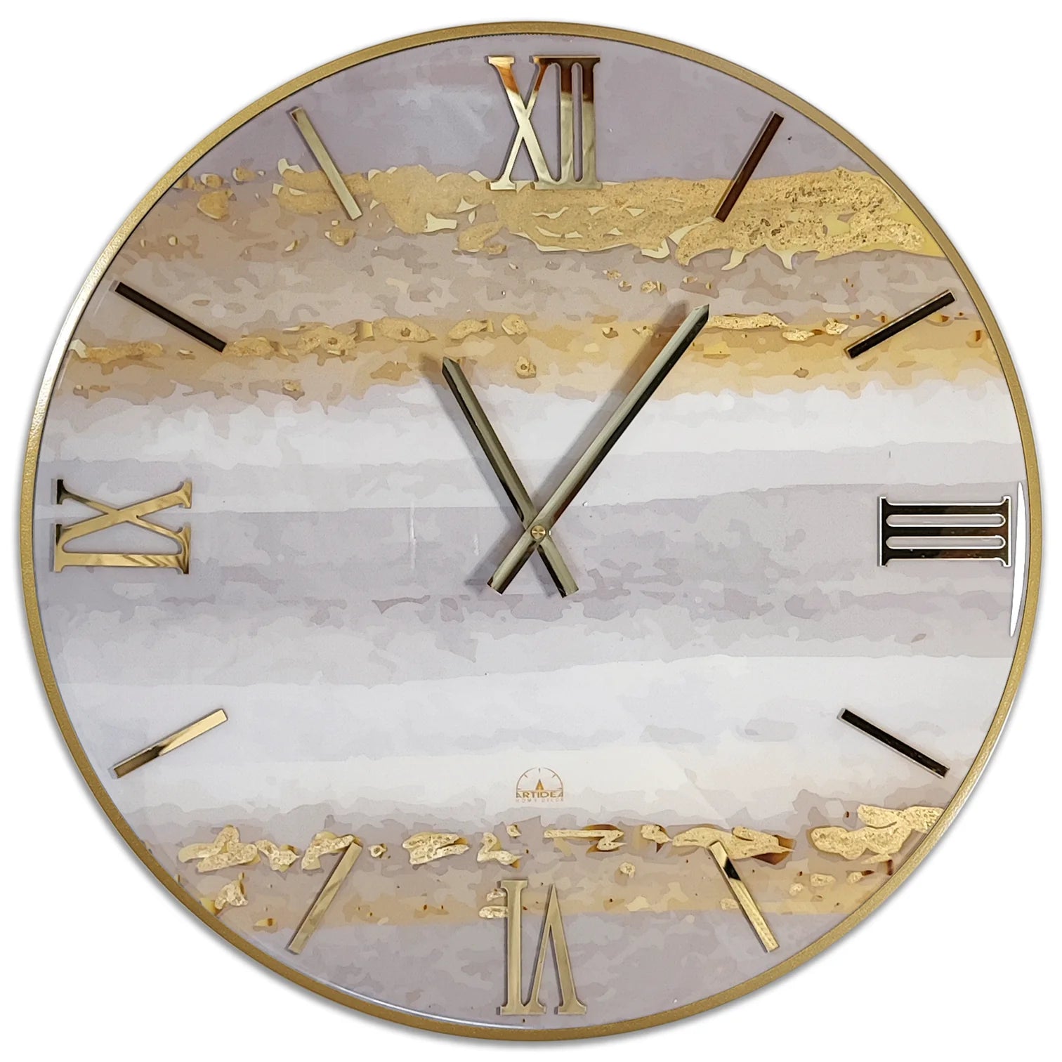 Orologio da parete circolare Artidea modello Giove, diametro 40-60 cm. Design a fasce orizzontali materiche nei toni del grigio perla, crema e sabbia, impreziosito da inserti in foglia oro irregolare, numeri romani e lancette dorate.
