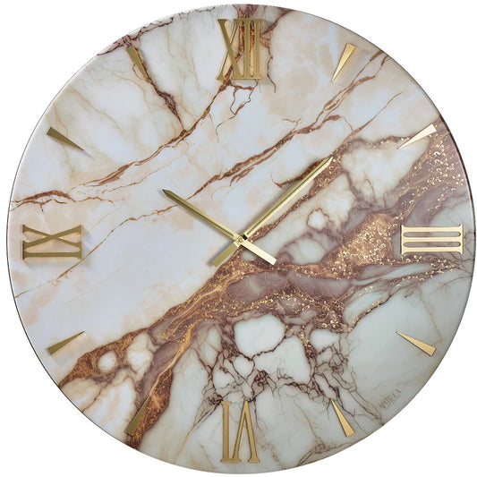 Orologio da parete circolare Artidea modello Eros, diametro 40 cm. Design effetto marmo venato nei toni del bianco, tortora e oro bronzato, con numeri romani e lancette sottili in metallo dorato.