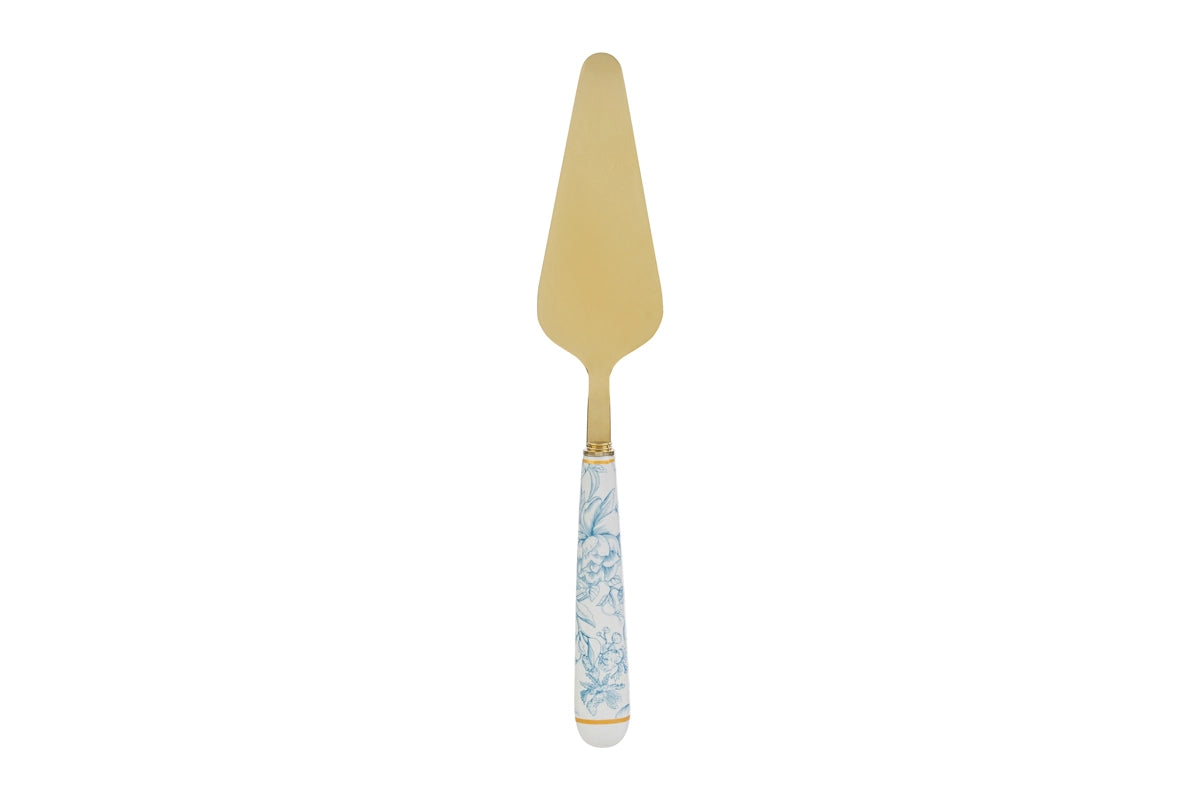 Paletta per torta con decoro azzurro firmata Le Stelle, caratterizzata da una lama triangolare in metallo color oro e un elegante manico in porcellana bianca decorato con delicati motivi floreali bluastri. Questo raffinato utensile da servire per dolci è accompagnato dalla sua custodia regalo rettangolare coordinata con la stessa fantasia floreale, ideale come bomboniera o come accessorio di classe per arricchire la tavola durante occasioni speciali.