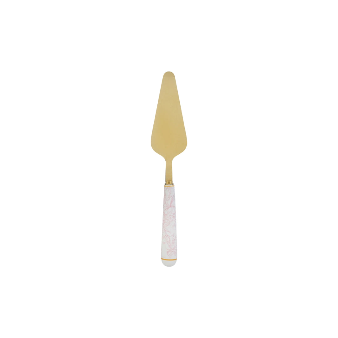 Paletta per torta con decoro rosa firmata Le Stelle, caratterizzata da una lama triangolare in metallo color oro e un elegante manico in porcellana bianca decorato con delicati motivi floreali rosati. Questo raffinato utensile da servire per dolci è accompagnato dalla sua custodia regalo rettangolare coordinata con la stessa fantasia floreale, ideale come bomboniera o come accessorio di classe per arricchire la tavola durante occasioni speciali.
