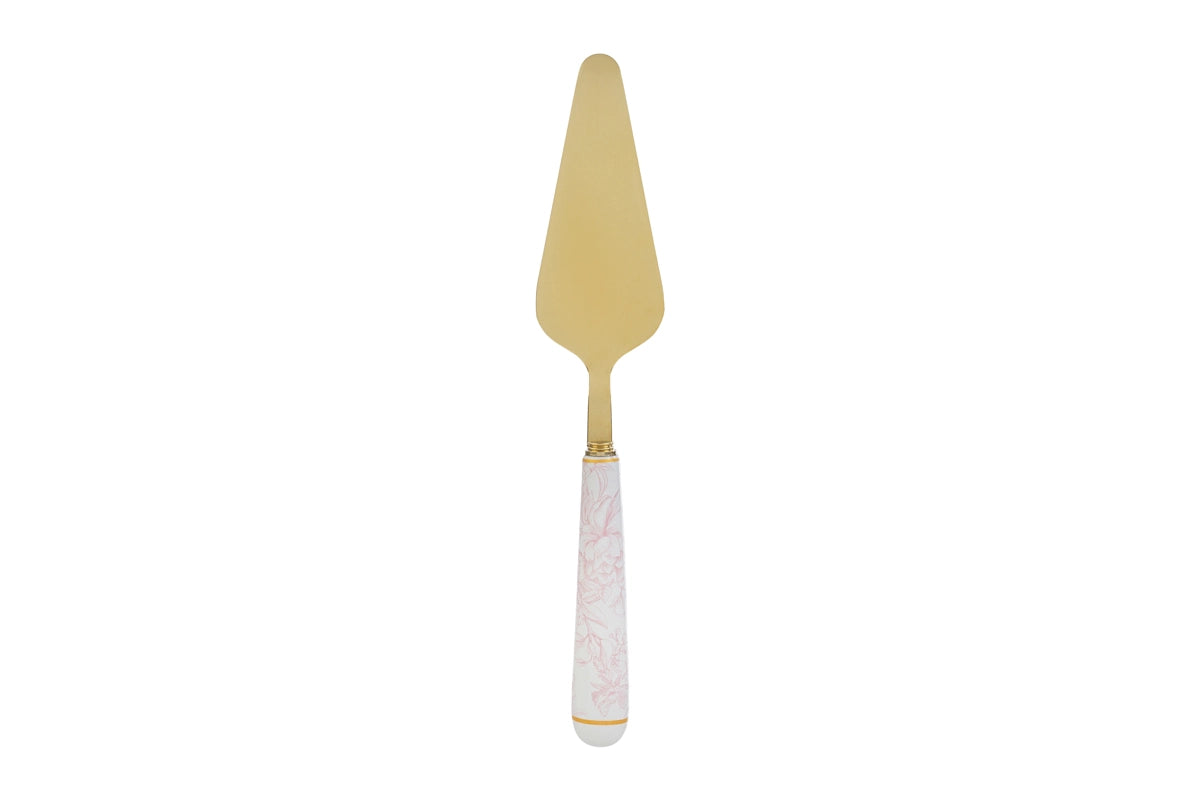 Paletta per torta con decoro rosa firmata Le Stelle, caratterizzata da una lama triangolare in metallo color oro e un elegante manico in porcellana bianca decorato con delicati motivi floreali rosati. Questo raffinato utensile da servire per dolci è accompagnato dalla sua custodia regalo rettangolare coordinata con la stessa fantasia floreale, ideale come bomboniera o come accessorio di classe per arricchire la tavola durante occasioni speciali.
