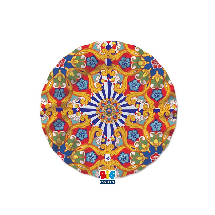 Un piatto di carta usa e getta della linea "Sicilia" di Big Party. Il design richiama l'estetica dei carretti siciliani, con una vivace decorazione a ruota e motivi geometrici nei toni del rosso, giallo e blu su sfondo bianco. Al centro spicca l'illustrazione di greche ornamentali colorate.