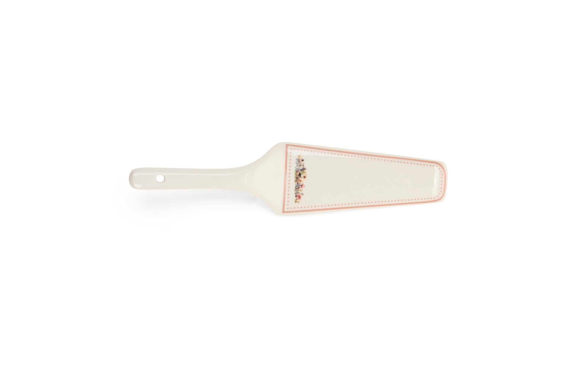 Set dolce Nuvole di Stoffa linea PePen con piatto e paletta in porcellana. Decorazione pasquale con ghirlanda di coniglietti, uova colorate e fiori di campo. Dettaglio della paletta