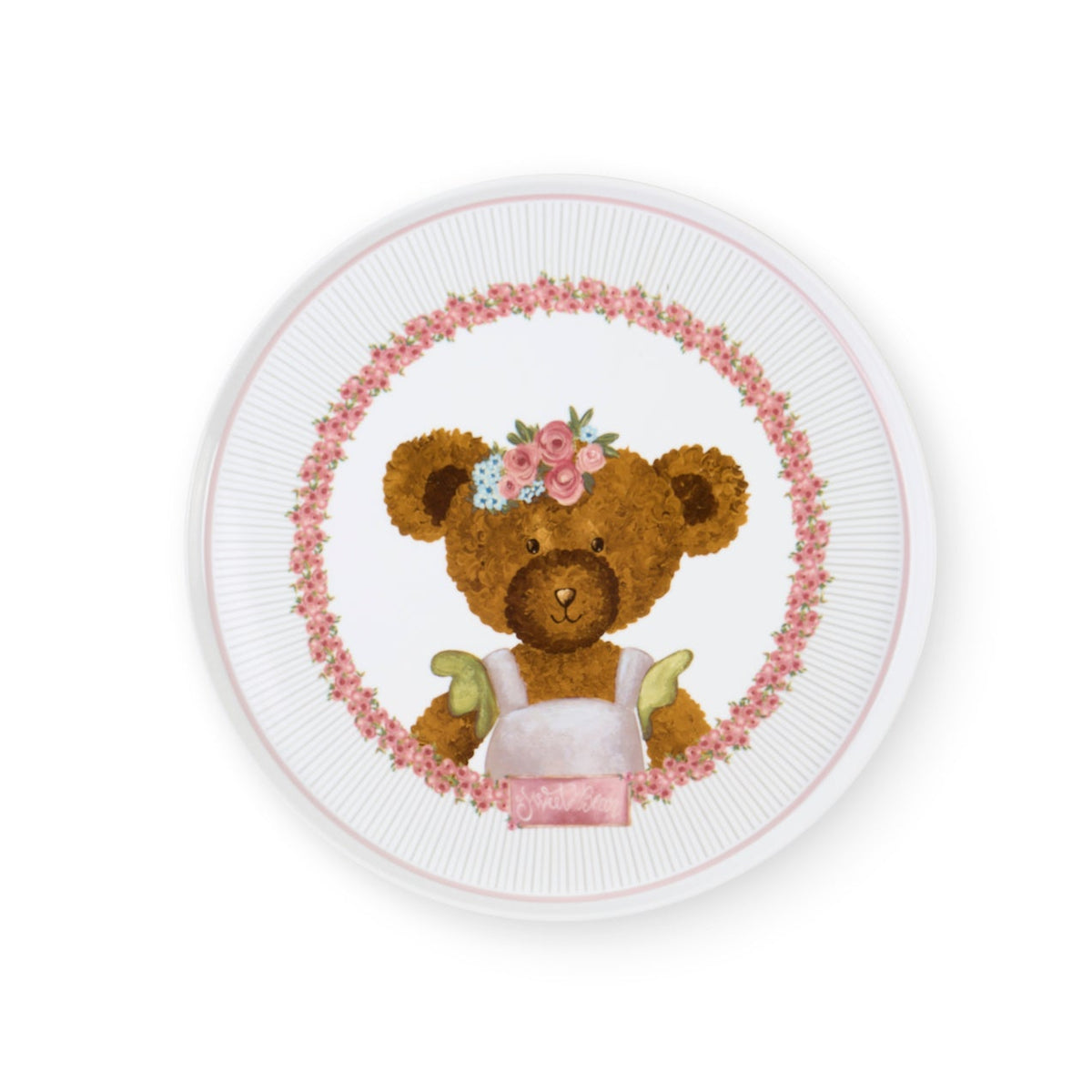 Set Piattino e paletta Nuvole di Stoffa linea Sweet Bear per Pasqua 2026. Medaglione centrale con orsetta e ghirlanda di rose e bordi a righe sottili. Decorazione tenera per cameretta o tavola.