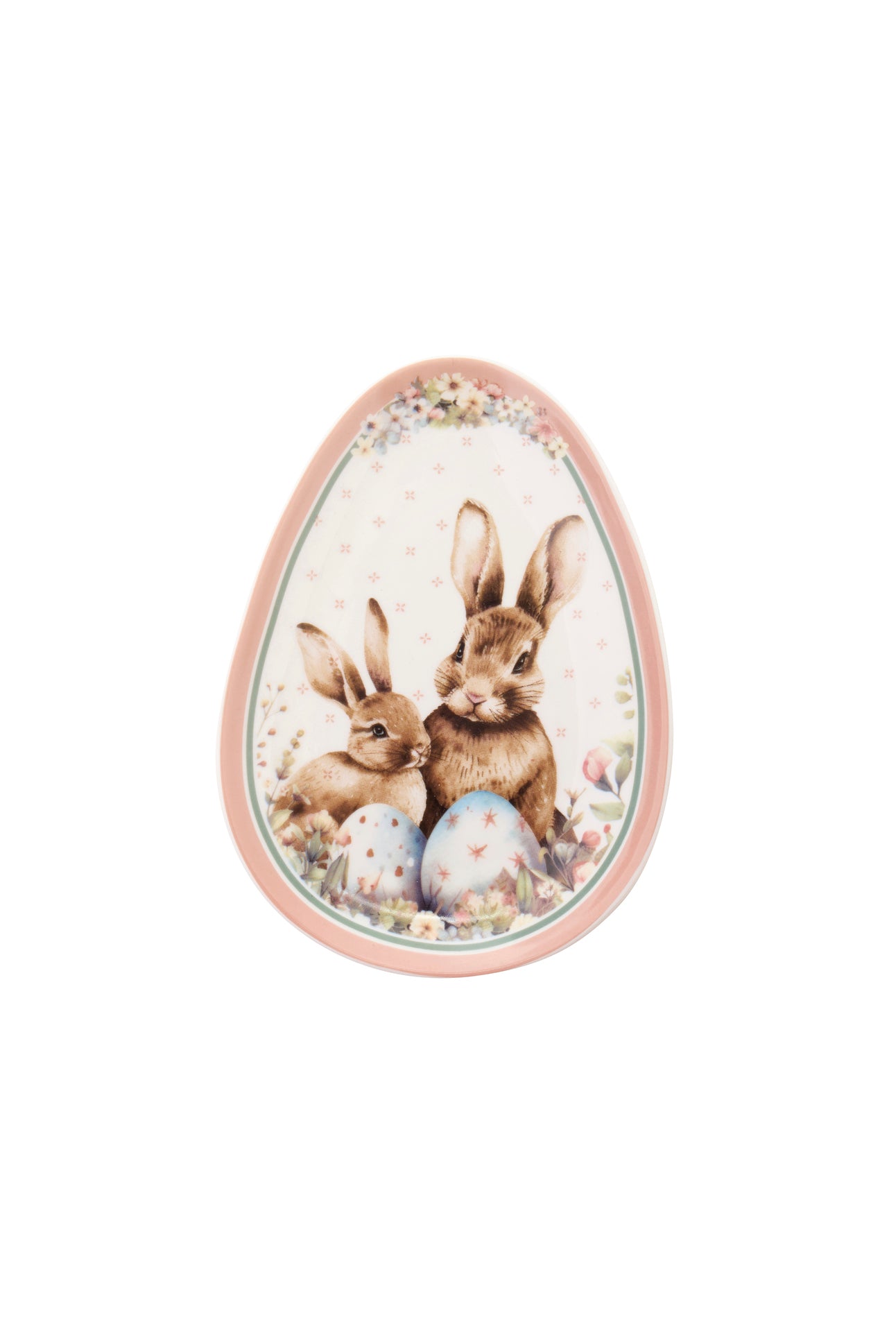 Piattino Nuvole di Stoffa linea PePen in porcellana. Decorazione pasquale con ghirlanda di coniglietti, uova colorate e fiori di campo. Confezione regalo inclusa, stile shabby chic.