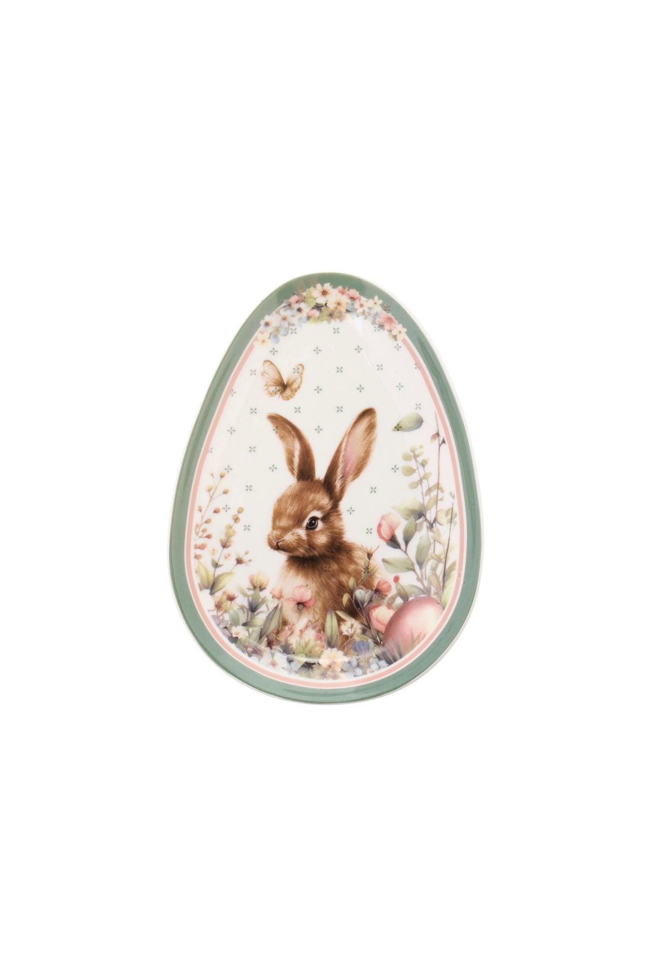 Piattino Nuvole di Stoffa linea PePen in porcellana. Decorazione pasquale con ghirlanda di coniglietti, uova colorate e fiori di campo. Confezione regalo inclusa, stile shabby chic.