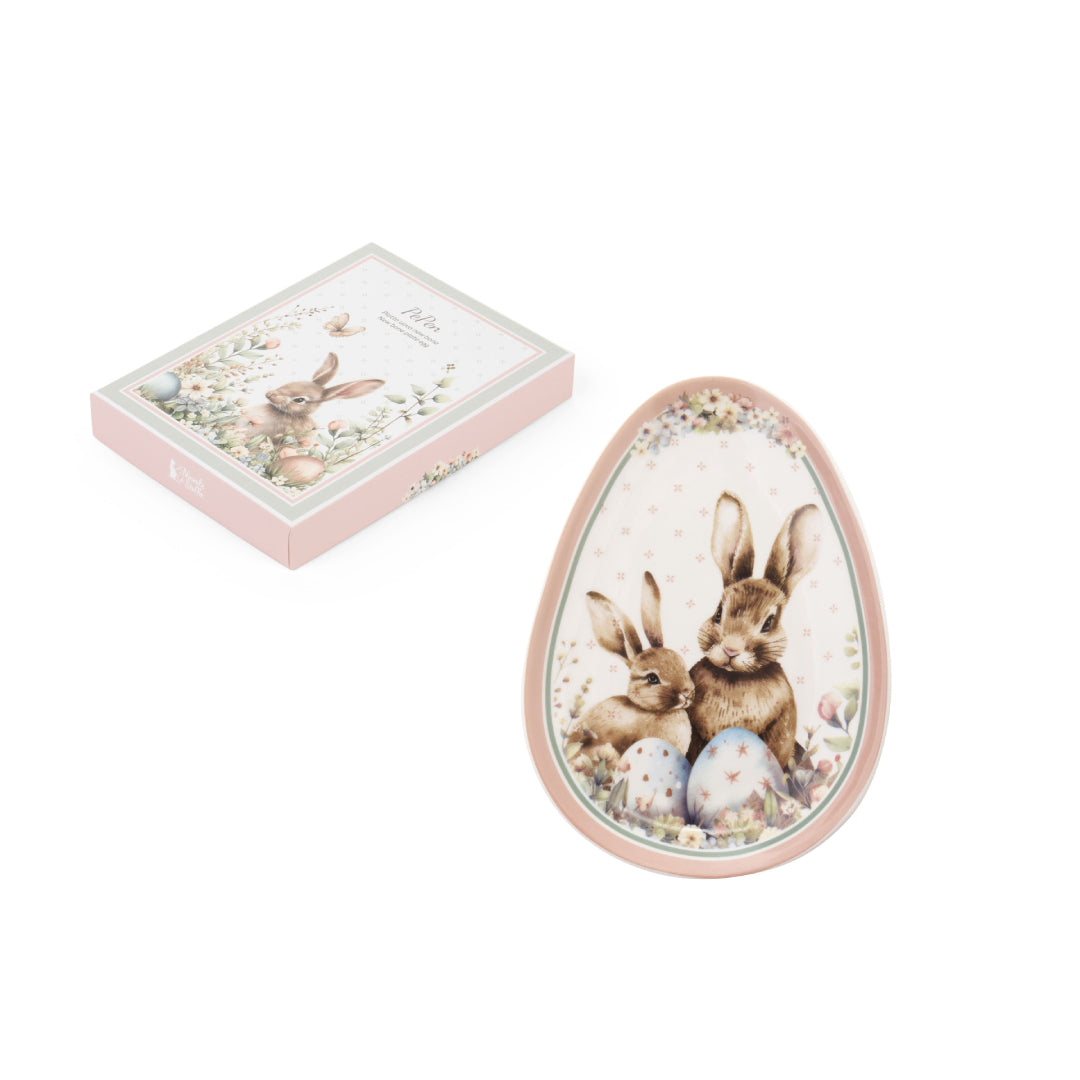 Piattino Nuvole di Stoffa linea PePen in porcellana. Decorazione pasquale con ghirlanda di coniglietti, uova colorate e fiori di campo. Confezione regalo inclusa, stile shabby chic.
