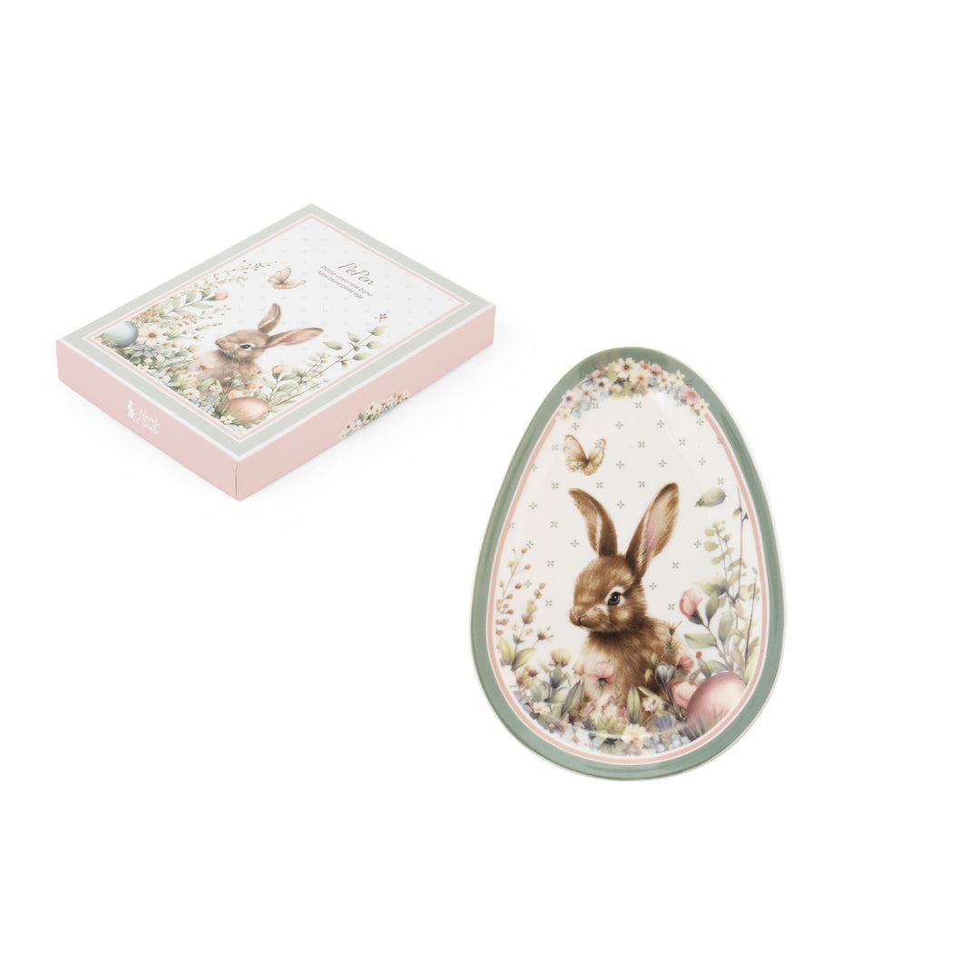 Piattino Nuvole di Stoffa linea PePen in porcellana. Decorazione pasquale con ghirlanda di coniglietti, uova colorate e fiori di campo. Confezione regalo inclusa, stile shabby chic.