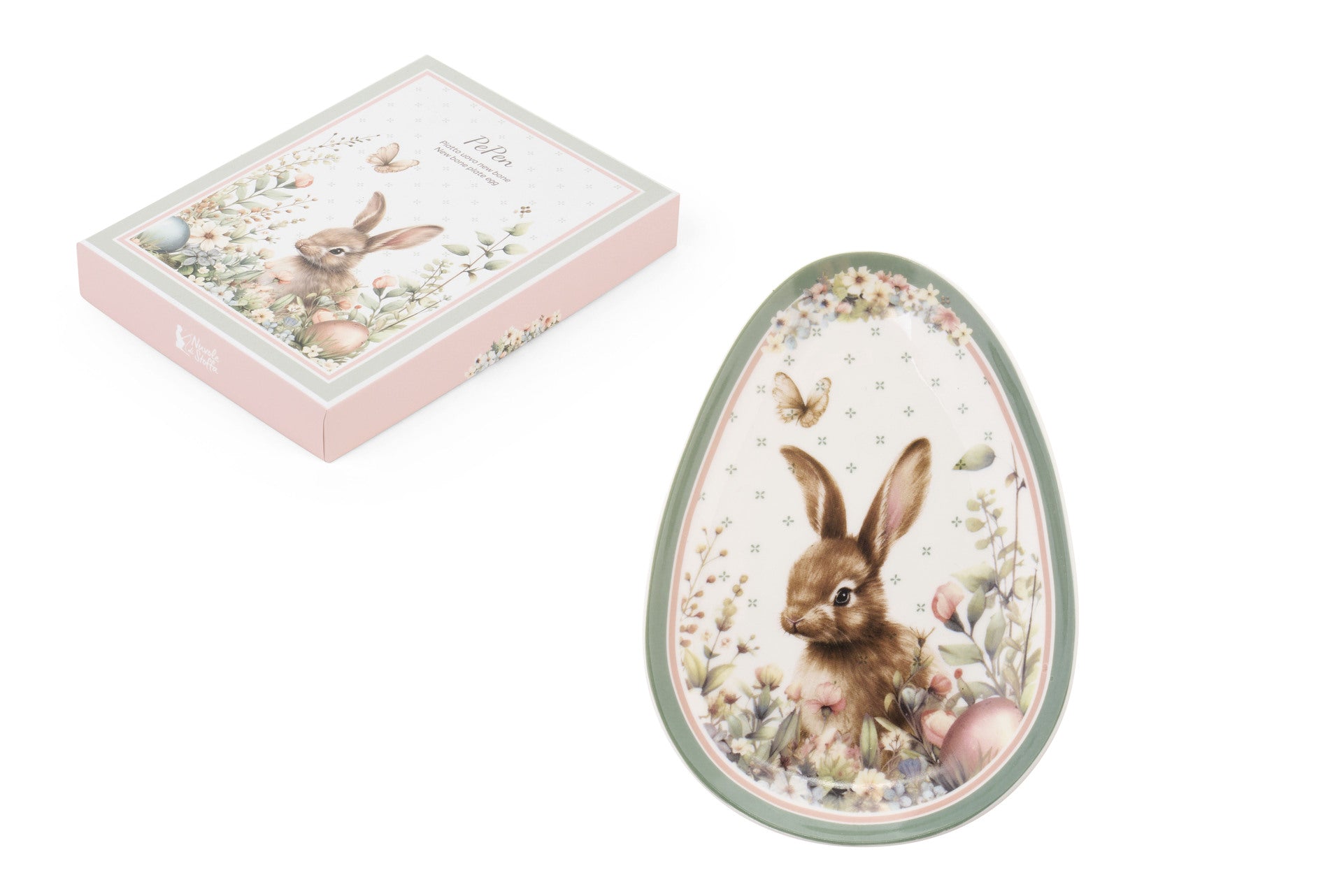 Piattino Nuvole di Stoffa linea PePen in porcellana. Decorazione pasquale con ghirlanda di coniglietti, uova colorate e fiori di campo. Confezione regalo inclusa, stile shabby chic.