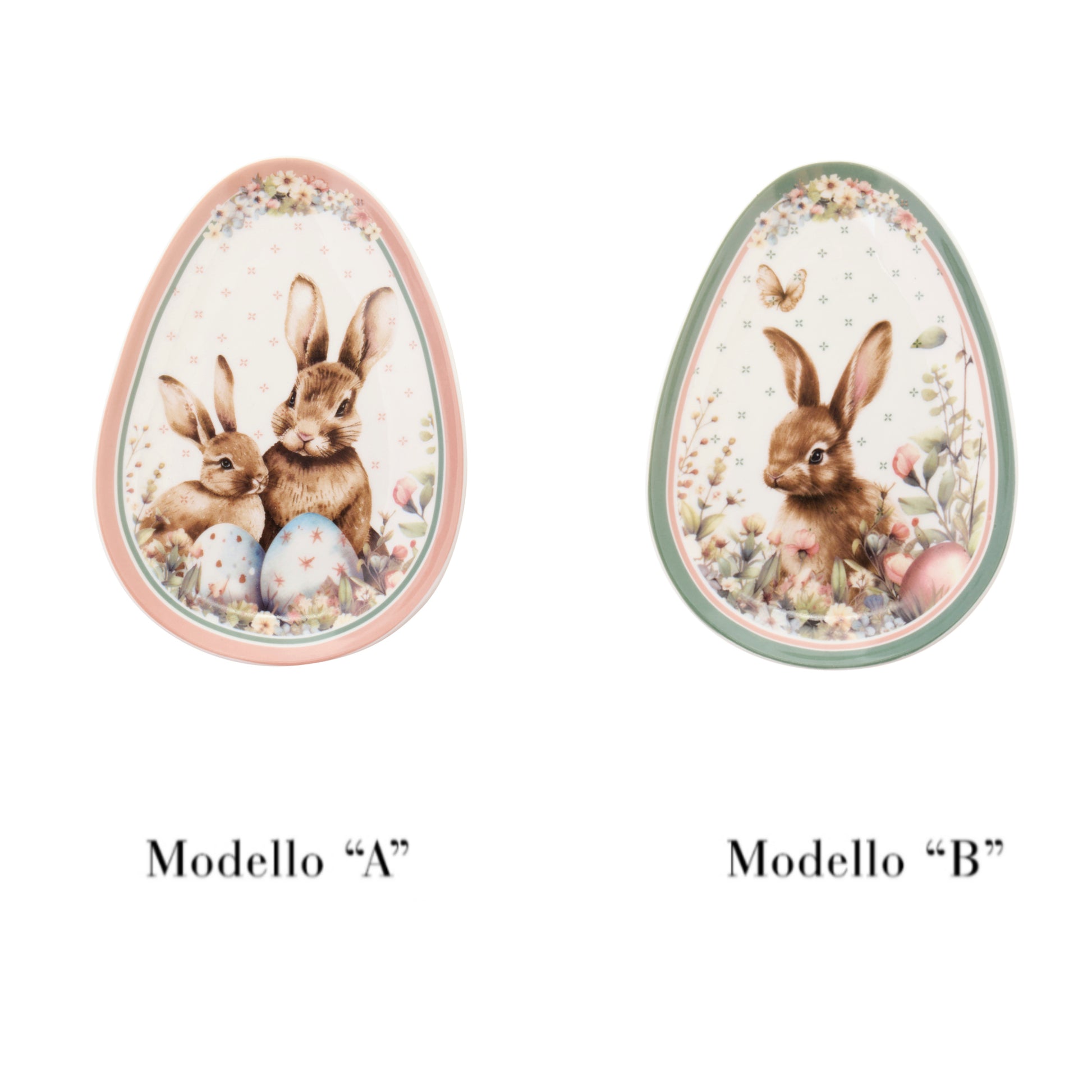 Piattini Nuvole di Stoffa linea PePen in porcellana. Decorazione pasquale con ghirlanda di coniglietti, uova colorate e fiori di campo. Confezione regalo inclusa, stile shabby chic.