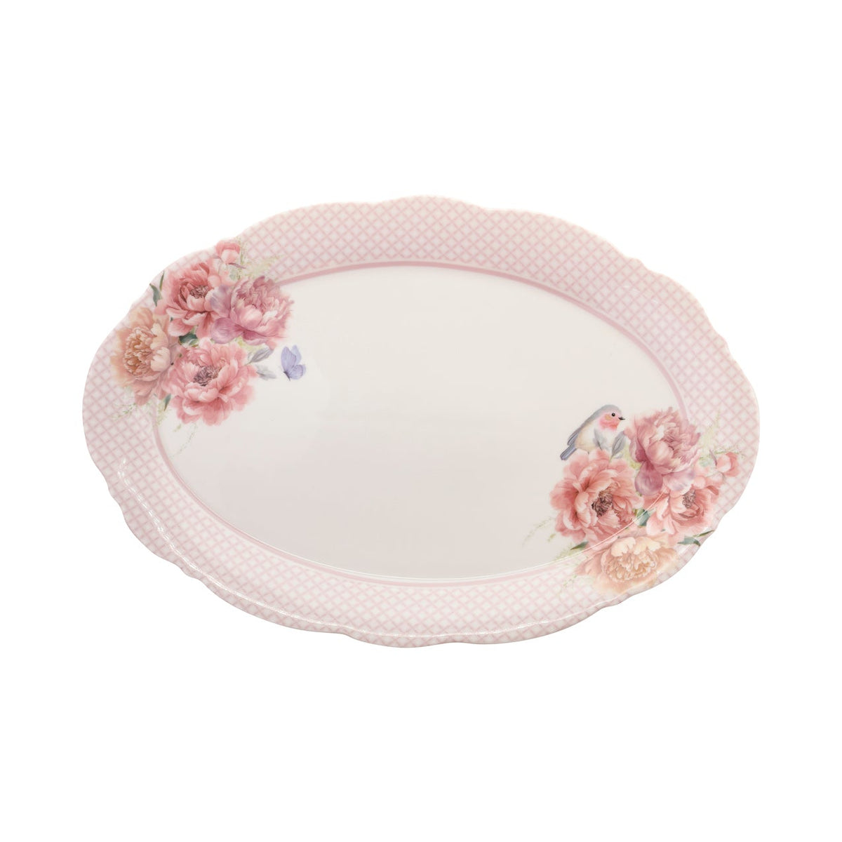 Piatto da portata ovale in porcellana New bone Nuvole di Stoffa con stampa primaverile di grandi fiori rosa e peonie. Bordo rifinito con motivi ornamentali classici e cornice rosa cipria. Per tavole romantiche e shabby chic.