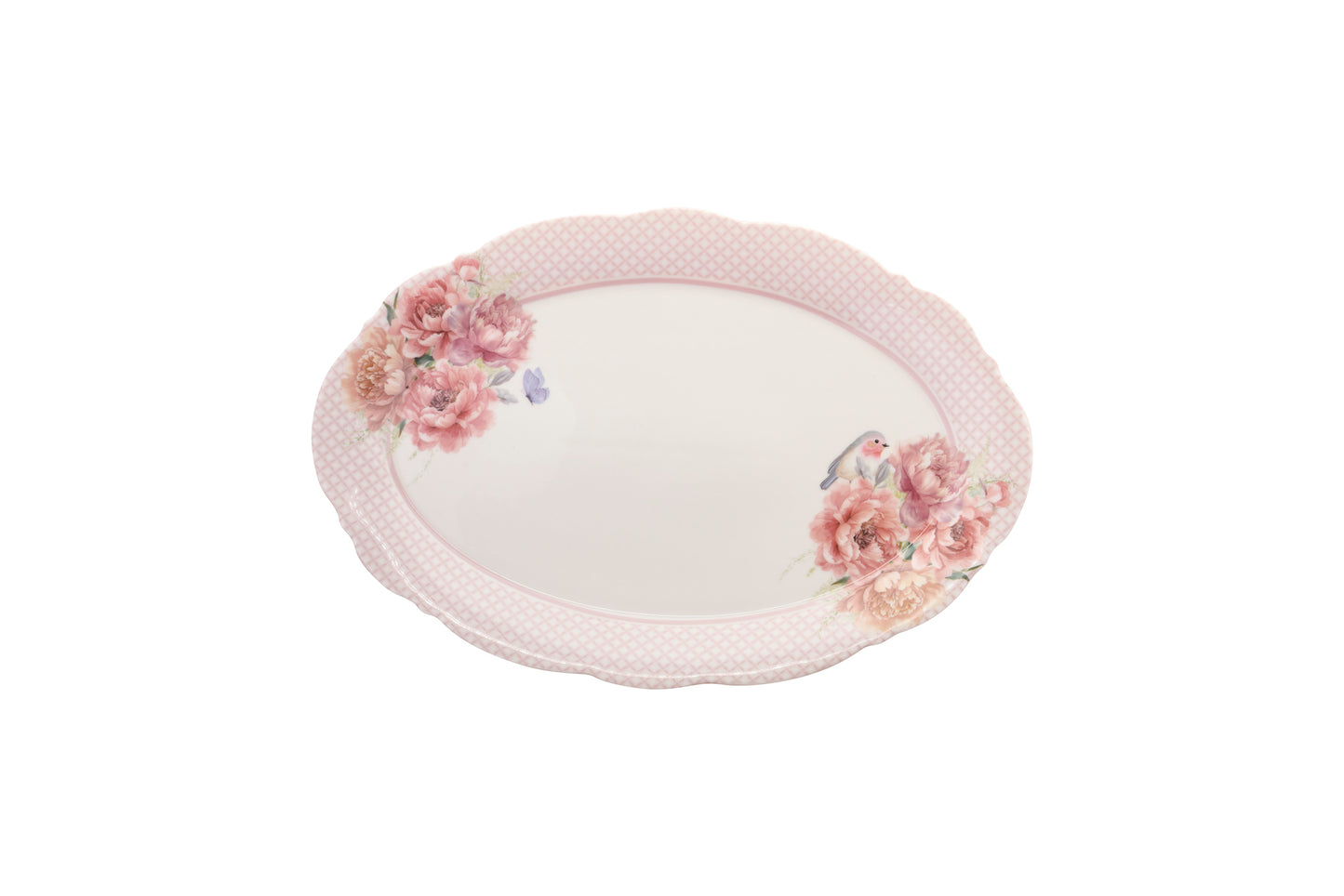 Piatto da portata ovale in porcellana New bone Nuvole di Stoffa con stampa primaverile di grandi fiori rosa e peonie. Bordo rifinito con motivi ornamentali classici e cornice rosa cipria. Per tavole romantiche e shabby chic.