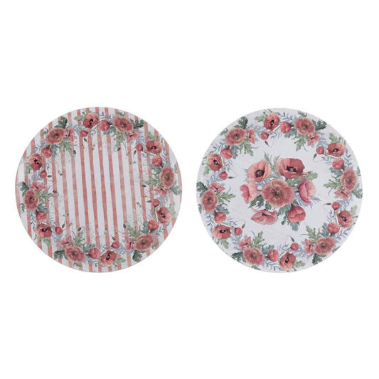 Piatto decorativo Blanc Mariclo' linea Coquelicot con stampa di papaveri rossi e boccioli. Cornice decorativa a righe verticali rosse con piccoli cuori. Design floreale elegante in stile country chic.