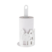 Porta Rotolo cilindrico in metallo bianco traforato, con bordi sagomati a forma di casette con finestre a cuore alternate ad alberi stilizzati. Complemento da tavola dal design romantico, ideale per apparecchiare con stile o come idea regalo per la casa.