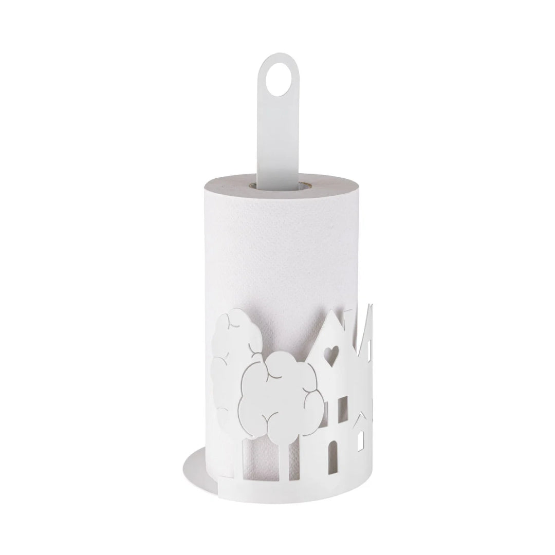 Porta Rotolo cilindrico in metallo bianco traforato, con bordi sagomati a forma di casette con finestre a cuore alternate ad alberi stilizzati. Complemento da tavola dal design romantico, ideale per apparecchiare con stile o come idea regalo per la casa.