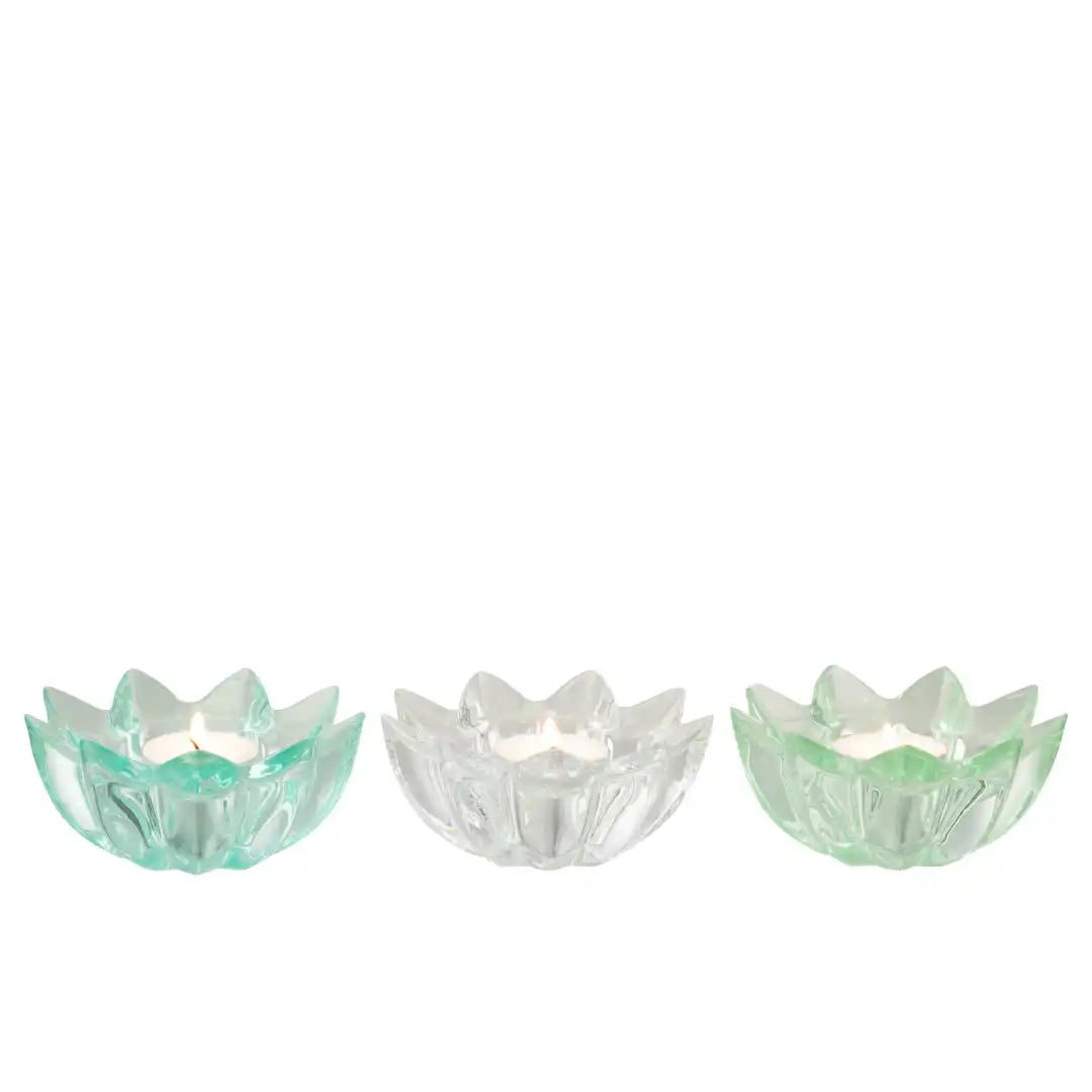 Portacandele a forma di fiore in vetro colorato assortiti firmati Jolipa, caratterizzati da petali sagomati e sfaccettati che creano eleganti riflessi di luce con le candele tea light. Disponibili nelle vivaci varianti trasparente celeste, bianco e verde, questi piccoli candelabri decorativi di design sono perfetti per abbellire la tavola, creare atmosfera negli interni o come colorata idea regalo home decor.