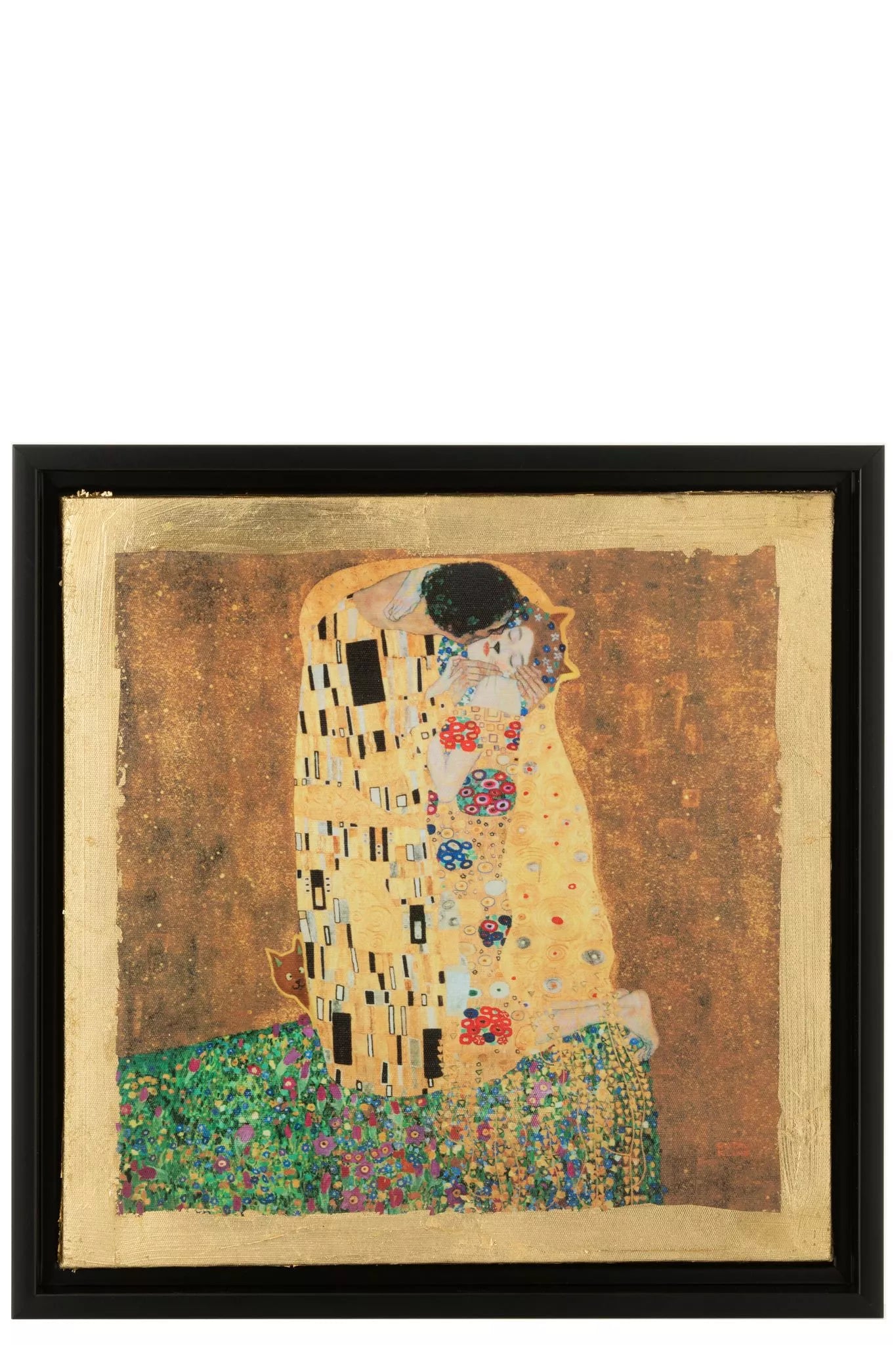 Quadro decorativo con cornice nera firmato Jolipa, che riproduce la celebre opera "Il Bacio" di Gustav Klimt impreziosita da luminosi dettagli in foglia oro. Questa raffinata stampa artistica da parete unisce l'eleganza classica del capolavoro a uno stile moderno e lussuoso, ideale per valorizzare l'arredamento del soggiorno, della camera da letto o dell'ufficio.