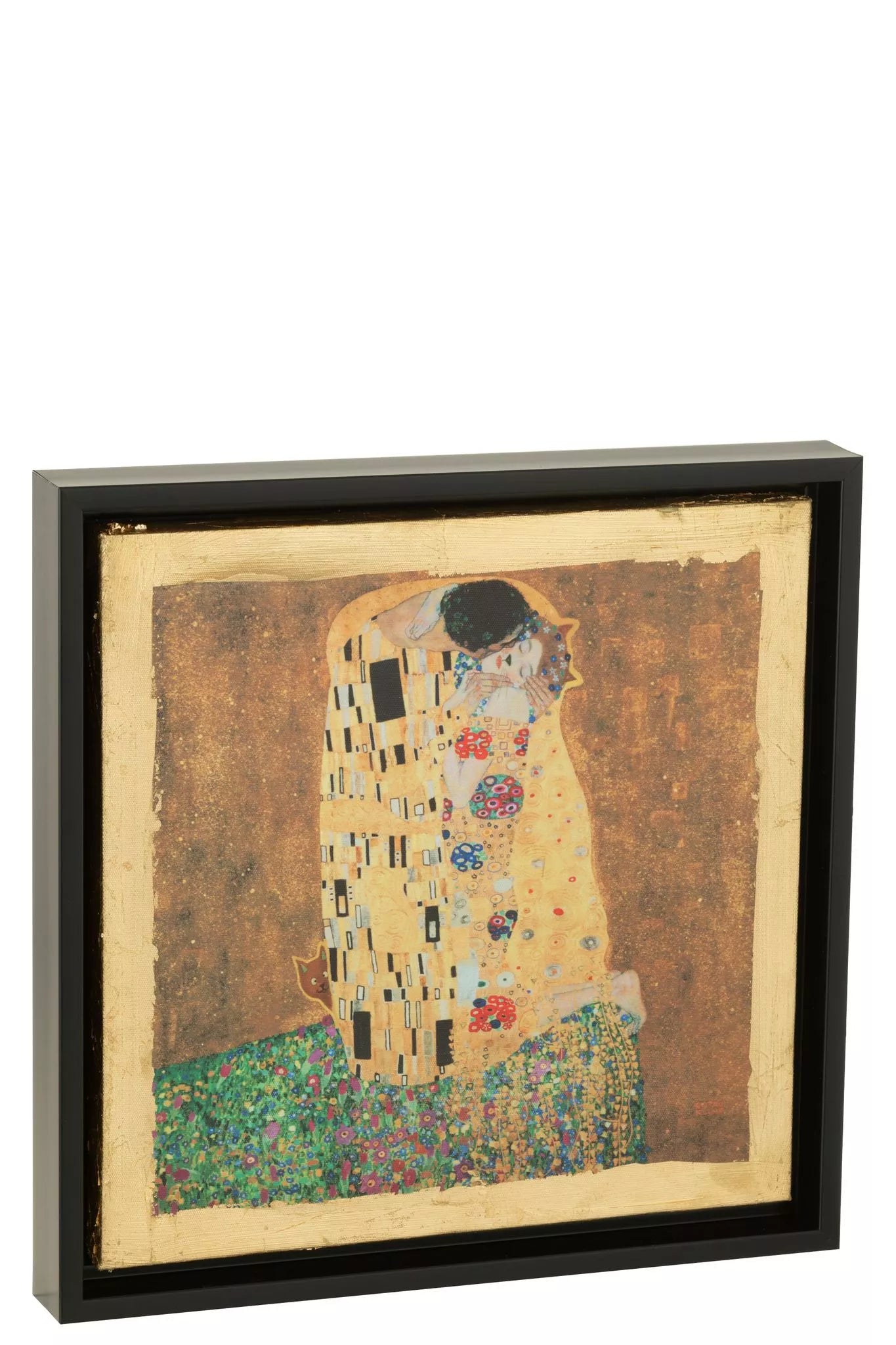 Quadro decorativo con cornice nera firmato Jolipa, che riproduce la celebre opera "Il Bacio" di Gustav Klimt impreziosita da luminosi dettagli in foglia oro. Questa raffinata stampa artistica da parete unisce l'eleganza classica del capolavoro a uno stile moderno e lussuoso, ideale per valorizzare l'arredamento del soggiorno, della camera da letto o dell'ufficio.