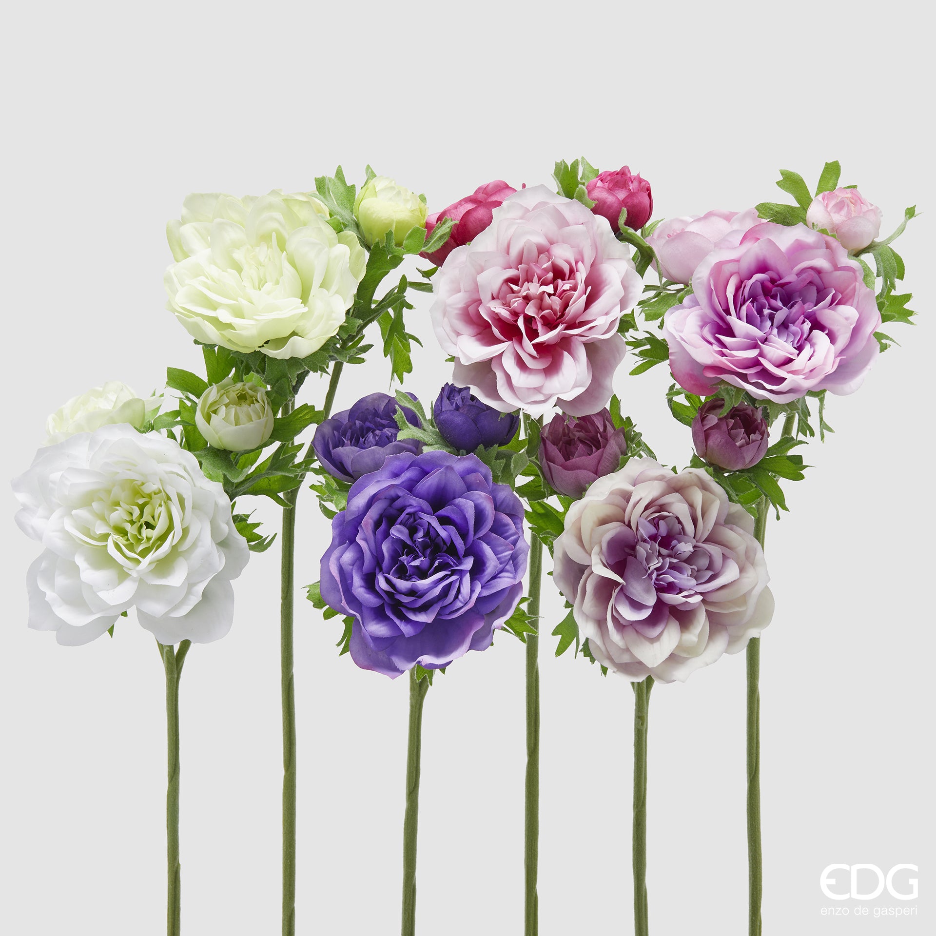 Rami di amemoni artificiali EDG Enzo de Gasperi in silicone in vari colori con foglie verdi. Fiori realistici ideali per decorazioni floreali durevoli e home decor.