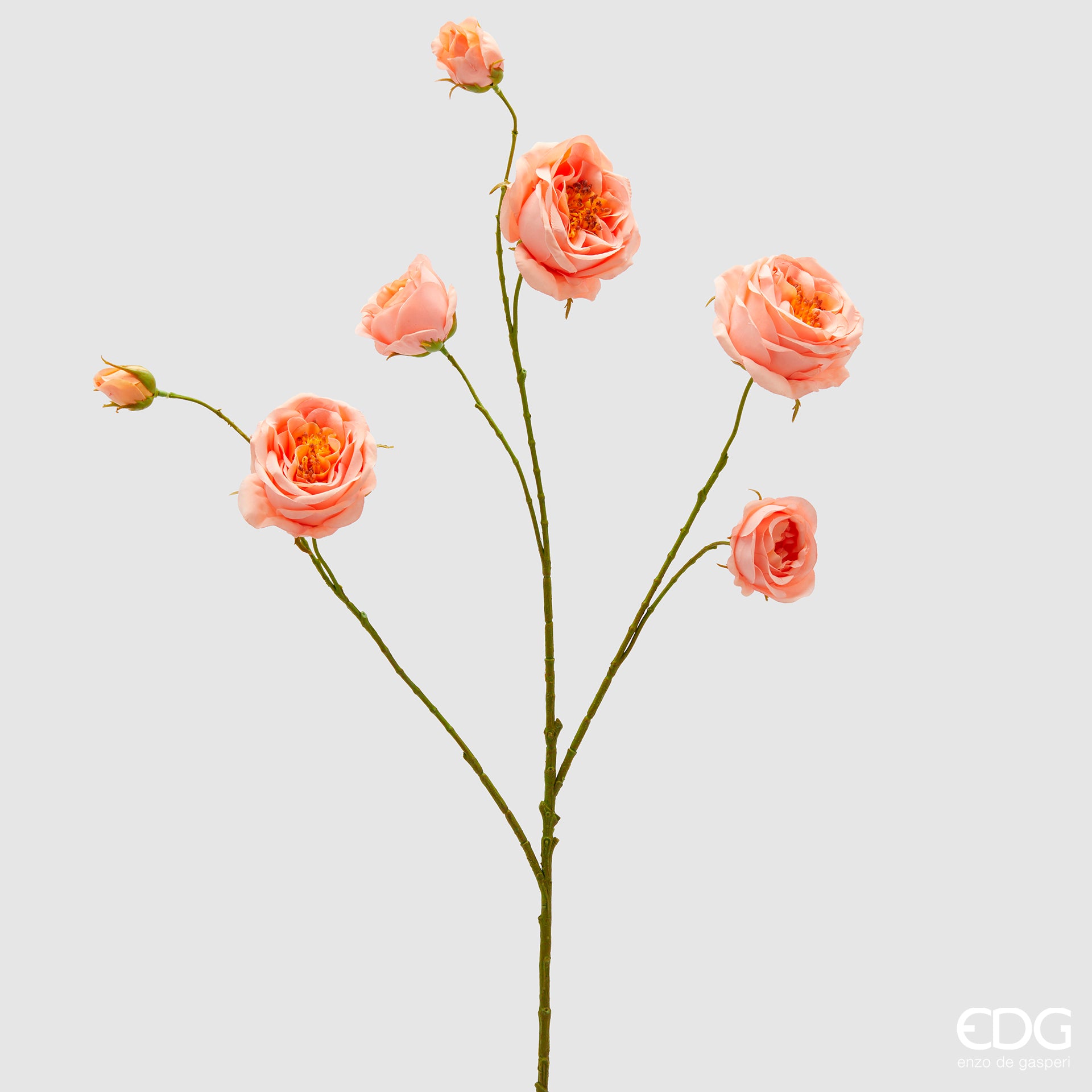 Ramo di rose salmone artificiali EDG Enzo de Gasperi in silicone rosa con ramo verde. Fiori realistici ideali per decorazioni floreali durevoli e home decor.