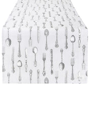 Runner da tavola bianco a righe sottili grigie con stampa vintage di posate classiche: cucchiai, forchette e coltelli decorati. Design elegante in stile Belle Époque su tessuto chiaro.
