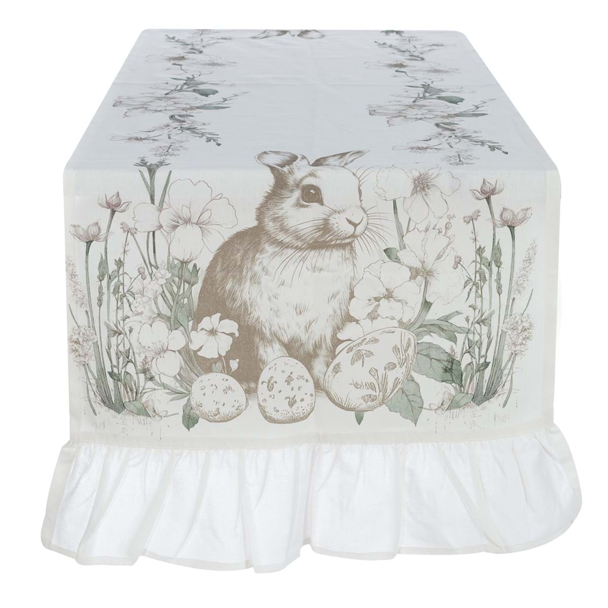 Runner con gala "Le Jardin Des Lapins" Blanc Mariclo' in stile shabby chic. Stampa delicata con coniglietti in tonalità seppia, uova decorate e fiori primaverili verdi su fondo bianco puro.