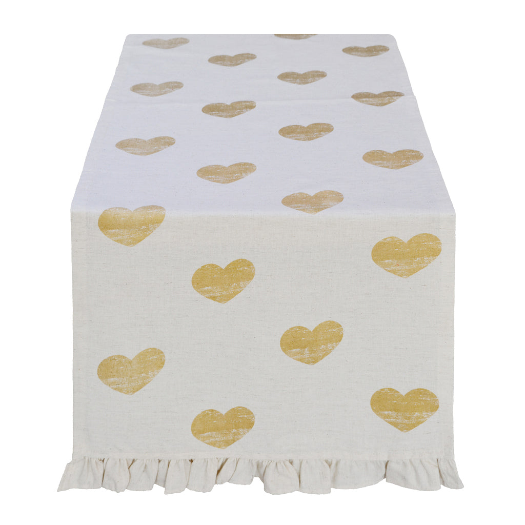 Runner Blanc Mariclò collezione Cuori Elite in cotone avorio. Il tessuto è decorato con una stampa di cuori ocra dall'effetto vintage e rifinito sul bordo con una romantica gala arricciata.