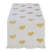 Runner Blanc Mariclò collezione Cuori Elite in cotone avorio. Il tessuto è decorato con una stampa di cuori ocra dall'effetto vintage e rifinito sul bordo con una romantica gala arricciata.