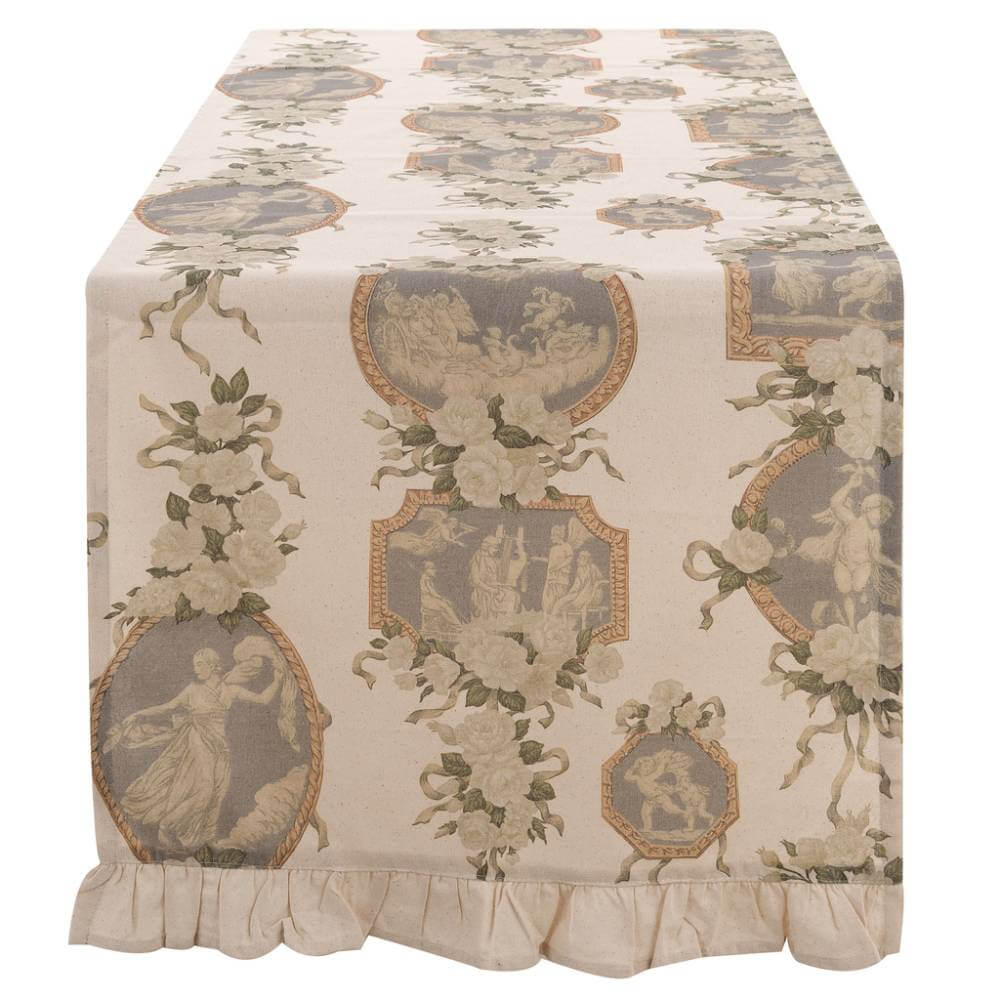 Runner con gala Blanc Mariclo' linea Blooming Poetry in stile shabby chic. Fantasia con rose bianche sfumate e fogliame verde e quadri classici con cornici dorate su fondo bianco, rifinito con romantico volant (gala) coordinato.