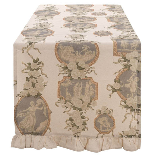 Runner con gala Blanc Mariclo' linea Blooming Poetry in stile shabby chic. Fantasia con rose bianche sfumate e fogliame verde e quadri classici con cornici dorate su fondo bianco, rifinito con romantico volant (gala) coordinato.