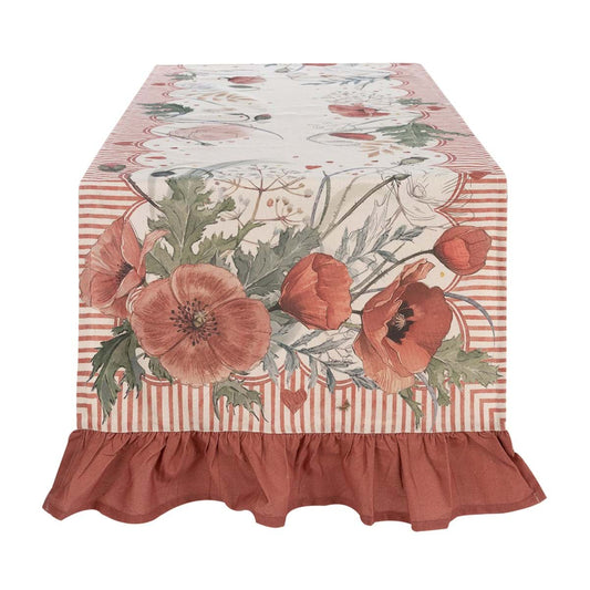 Runner Blanc Mariclo' linea Coquelicot con stampa di papaveri rossi e boccioli. Cornice decorativa a righe verticali rosse con piccoli cuori. Design floreale elegante in stile country chic.