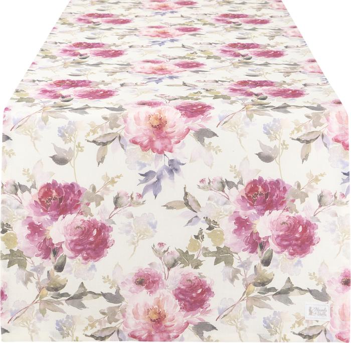 Runner da tavola beige con stampa floreale di peonie nei toni del rosa, fucsia e lilla. Il disegno include foglie grigie e boccioli su fondo chiaro. Stile shabby chic romantico per la sala da pranzo.