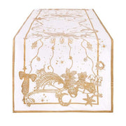 Runner da tavola bianco con stampa natalizia dorata. Il decoro include fiocchi, ghirlande di stelle, lune e piccoli animali fiabeschi lungo i bordi. Design elegante e magico Blanc Mariclò.