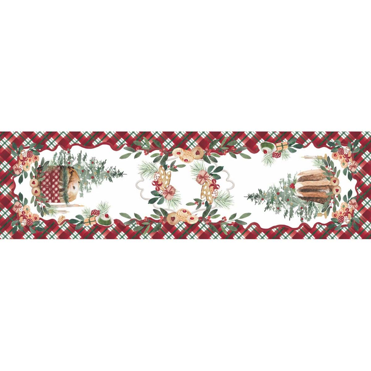 Vista dall'alto del runner natalizio Blanc Mariclo serie "La Patisserie". Il design bianco presenta stampe di pandoro, panettone e alberi di Natale, incorniciate da un bordo perimetrale tartan rosso.