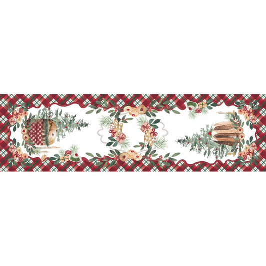 Vista dall'alto del runner natalizio Blanc Mariclo serie "La Patisserie". Il design bianco presenta stampe di pandoro, panettone e alberi di Natale, incorniciate da un bordo perimetrale tartan rosso.