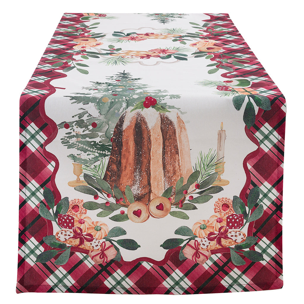 Runner natalizio Blanc Mariclo con stampa di un pandoro centrale, alberi di Natale e dolciumi. I bordi lunghi sono decorati con una balza a motivo tartan scozzese nei toni del rosso e del verde.