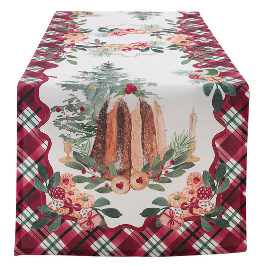 Runner natalizio Blanc Mariclo con stampa di un pandoro centrale, alberi di Natale e dolciumi. I bordi lunghi sono decorati con una balza a motivo tartan scozzese nei toni del rosso e del verde.