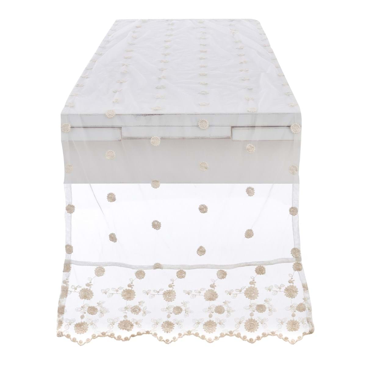 Runner linea Dentelle Blanc Mariclo' in pizzo bianco trasparente. Decorato con ricami floreali delicati a rilievo e bordo smerlato. Ideale per una tavola elegante in stile shabby chic e provenzale.