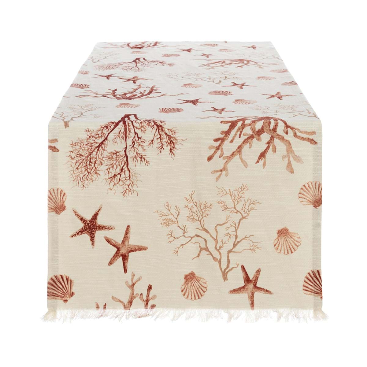 Runner Blanc Mariclo' linea Maldive in lino naturale color beige. Stampa marina con coralli, stelle marine e conchiglie color ruggine e frange alle estremità. Tessuto d'arredo per tavole estive.