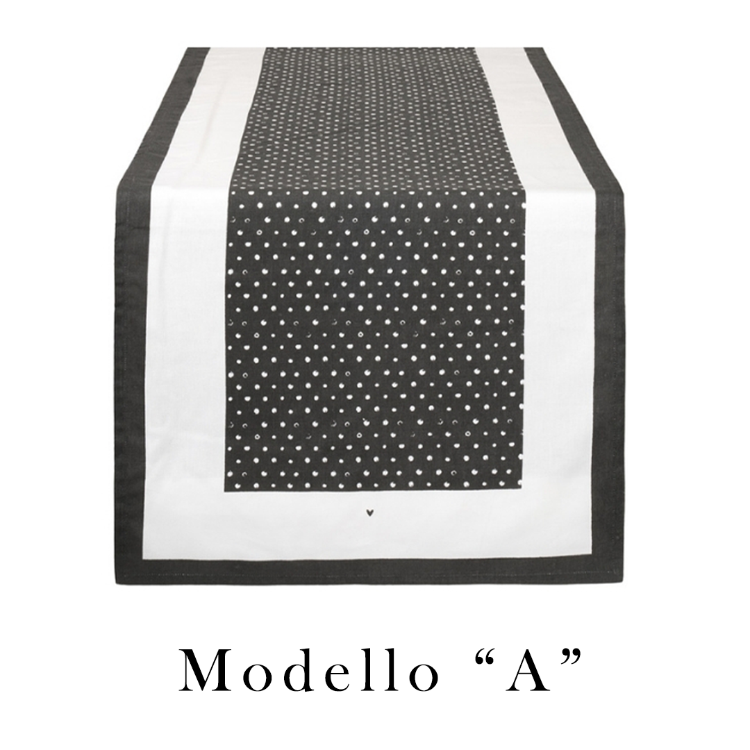 Runner Nuvole di Stoffa linea Friends in cotone bicolore. Modello A con centro nero a pois bianchi e bordi bianchi; 