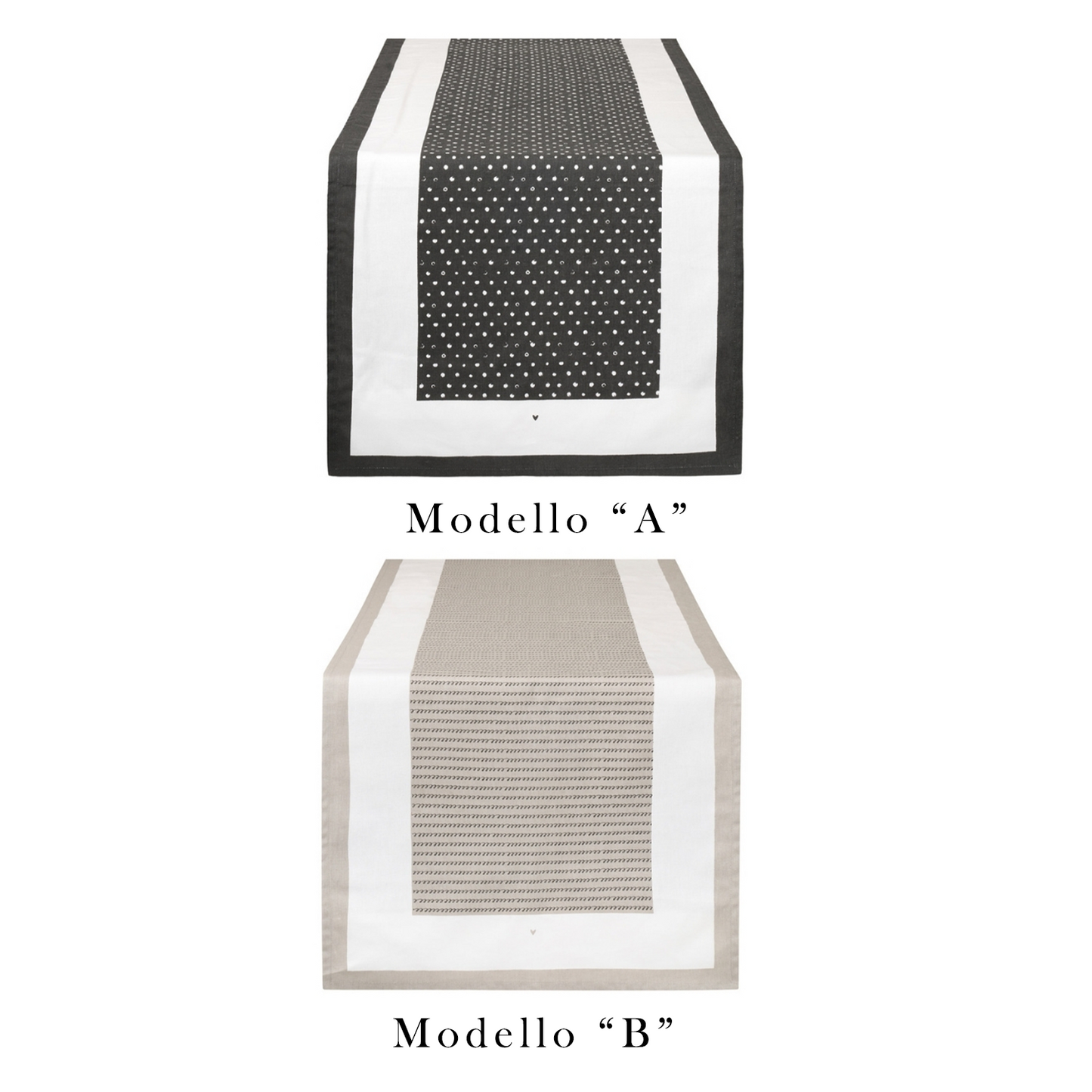 Runner Nuvole di Stoffa linea Friends in cotone bicolore. Modello A con centro nero a pois bianchi e bordi bianchi; Modello B con centro beige a micro-pattern geometrico e bordi crema. Design moderno e versatile.
