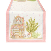 Runner Nuvole di Stoffa linea "La Vie en Rose" con illustrazioni di negozi parigini e pasticcerie vintage. Decorazione con ghirlande di rose, cuori azzurri con fiocchi rosa e farfalle su fondo bianco